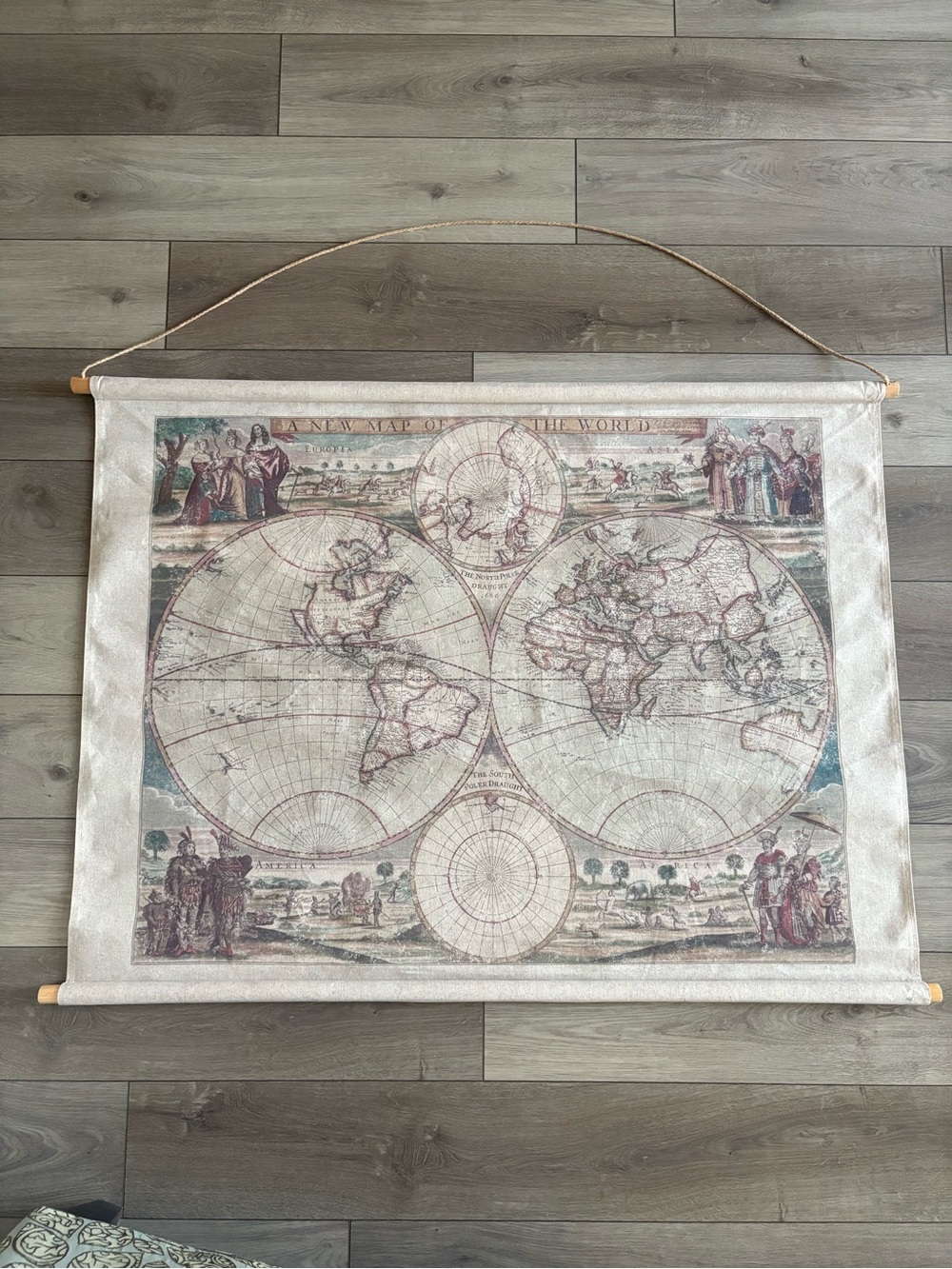 Vintage Style World Map Wall Hanging - Cream and Brown